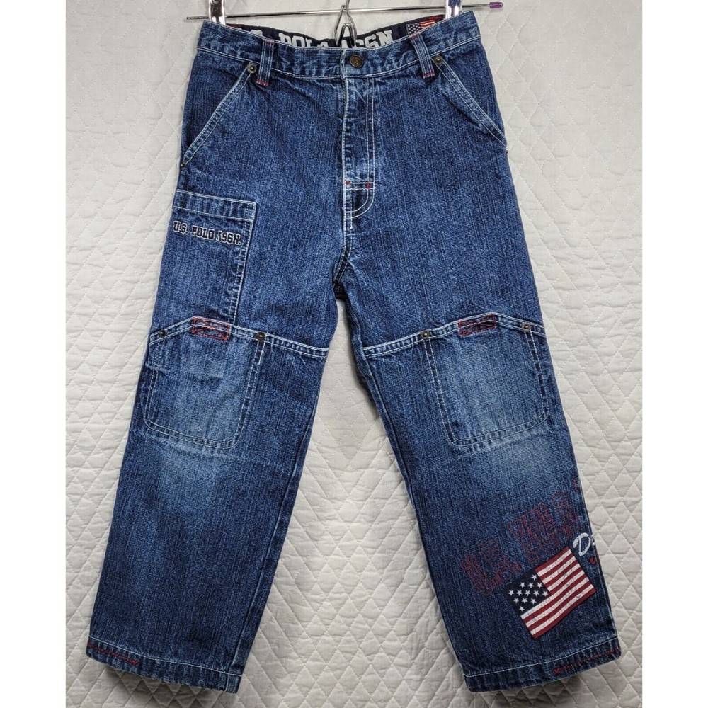 US Polo Assn Boy's Cargo Denim Jeans Stitch and Print Detail 8-Pocket Size 6